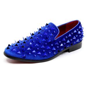 Blue Men's Spiked Designer Classic Smoking Dress Tuxedo Loafers Slip On Shoes